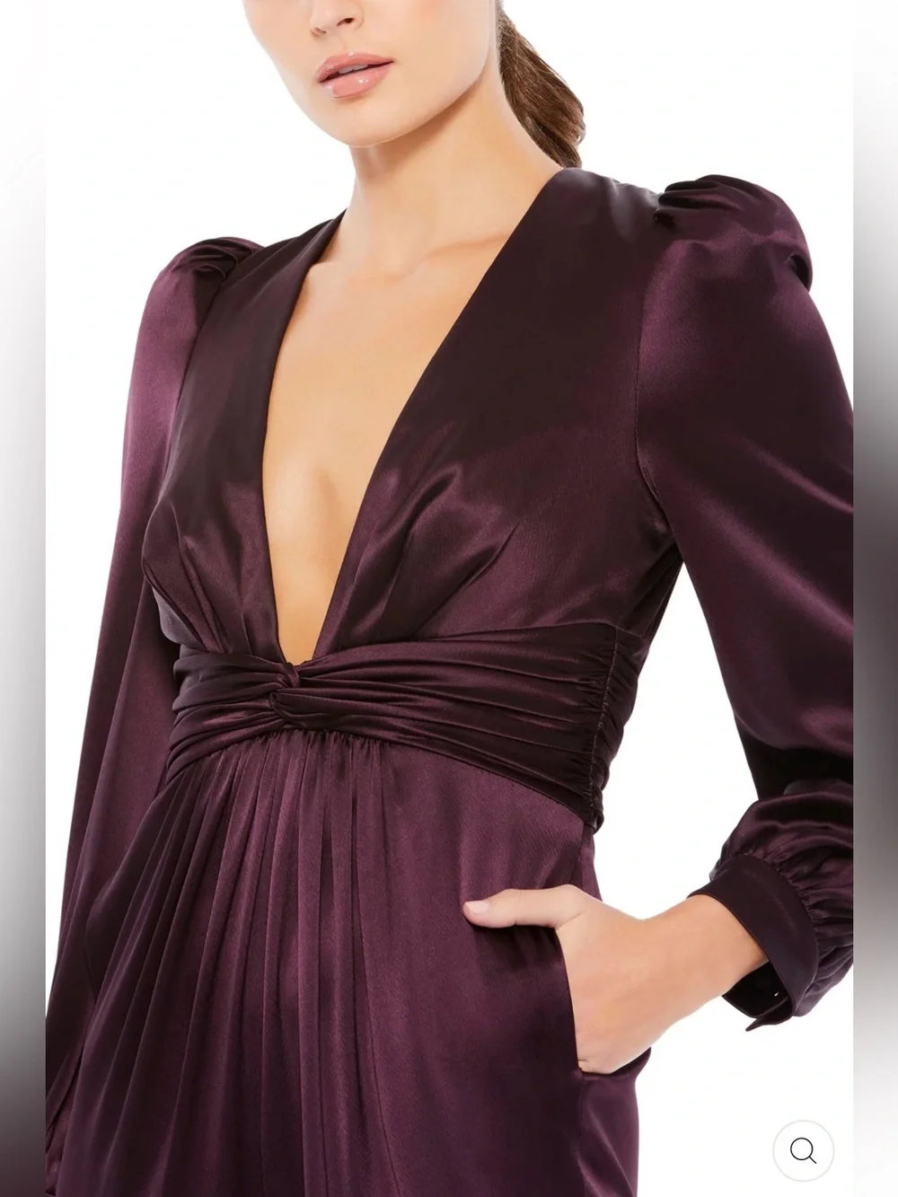 NWOT Mac Duggal Plunging Satin Jumpsuit in Plum